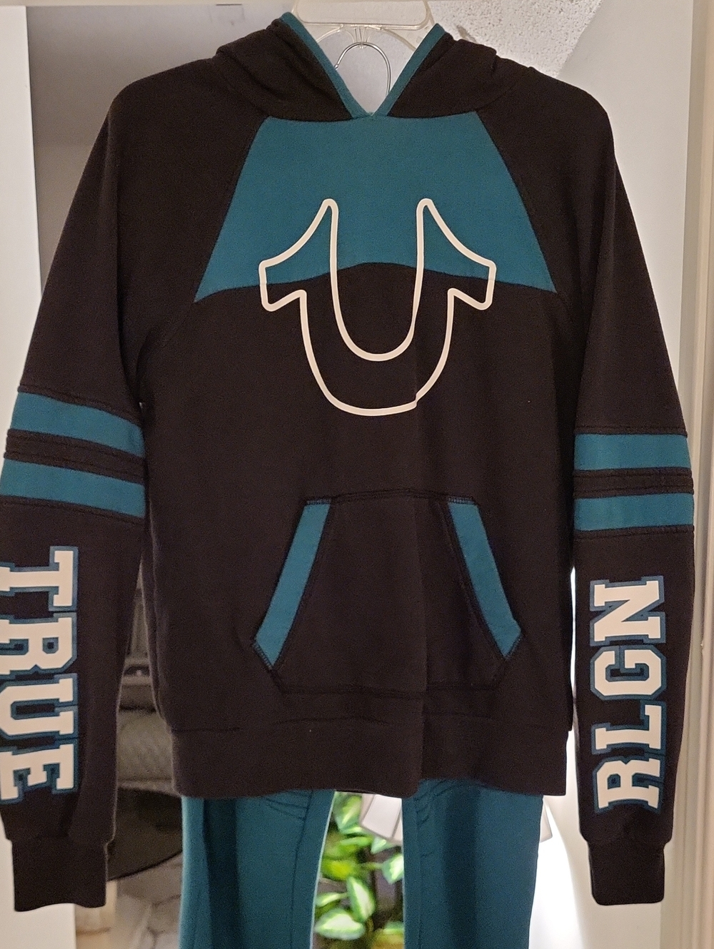 True Religion Teal and Black Logo Hooded Sweatsuit Xl
